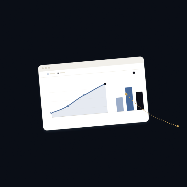 رسم توضيحي لشاشة تحليلات تعرض رسمًا بيانيًا صاعدًا وأعمدة قصيرة، يمثّل أداة Google Analytics 4 وهي تكشف سلوك زوّار الموقع بعد النقرة.